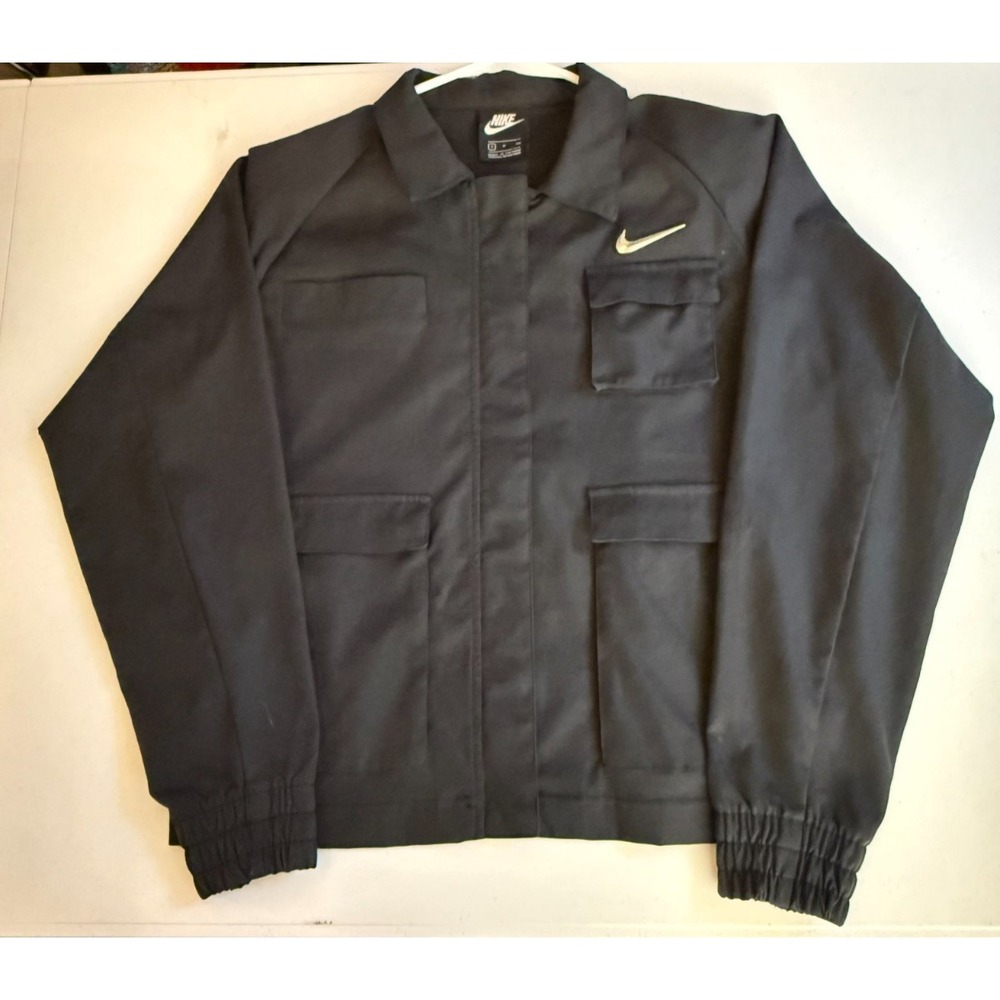 Nike  Women's SMALL Swoosh Woven Utility Jacket Black Oversized Tactical Pockets